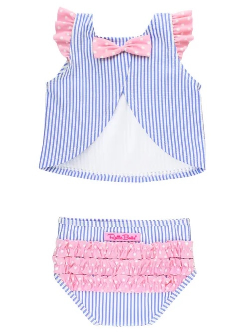 Ruffle Butts Blue Stripe & Pink Ruffle Two-Piece Swim Set